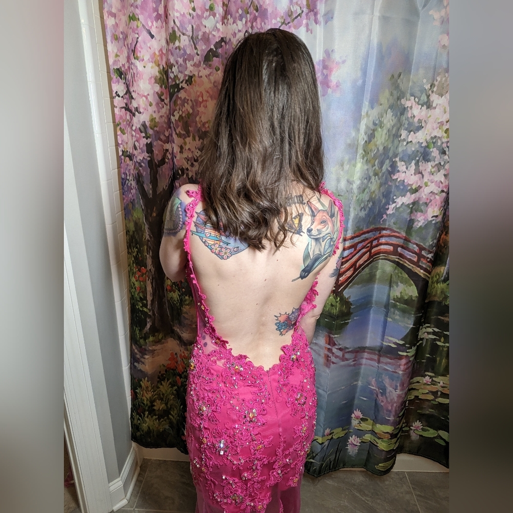 Jovani Hot Pink Beaded Sheer Prom Dress